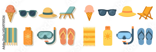 Summer beach essentials with ice cream, sunglasses, and snorkeling gear for a perfect day in the sun