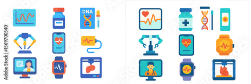 Health technology icons representing innovations in medical monitoring and biotechnology for better patient care and diagnostics