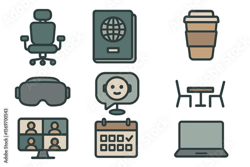 Modern workspace elements include office chair, laptop, coffee, and virtual meeting tools for productivity and collaboration