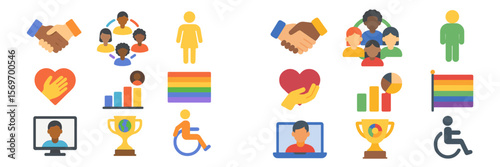 Diverse icons representing community, support, and inclusion in various activities and themes