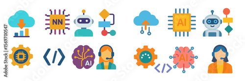 Colorful icons representing artificial intelligence and machine learning concepts, featuring bots, cloud computing, and data processing activities