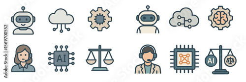 Icons of artificial intelligence representing robotics, data analysis, and ethical considerations in technology development and application