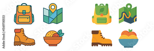 Colorful icons representing outdoor adventure, travel essentials, and delicious meals to enhance exploration experiences