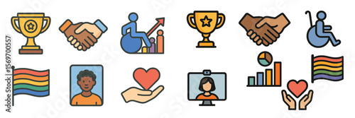 Diverse icons representing teamwork, inclusivity, and support during a community engagement event at a local center