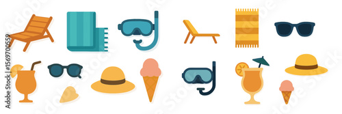 Fun summer vacation elements including beach accessories, drinks, and snacks
