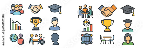 Collage of educational and professional icons representing collaboration, achievement, and global engagement