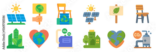 Eco-friendly symbols promoting sustainability in modern designs with plants and renewable energy elements