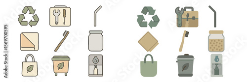Illustration showcasing eco-friendly tools and products promoting sustainability and recycling practices for everyday life