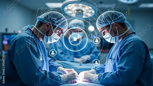 Medical Team Performing Surgery with Advanced Technology and Network Integration in Hospital