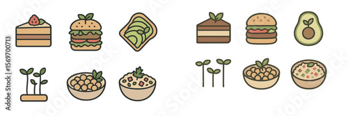 Illustration of various food items and fresh ingredients emphasizing healthy eating choices and plant-based meals