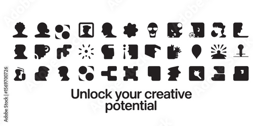 Collection of diverse black silhouette icons arranged in rows on a white background graphic resource