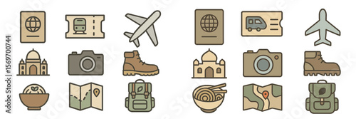 Travel icons representing global adventures, exploration, and wanderlust in various styles and shapes