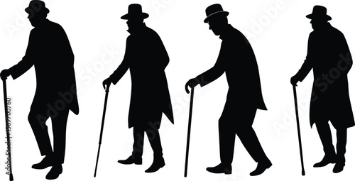 senior couple, old man with cane silhouette set. Elderly couple vector. senior citizens with walking canes.