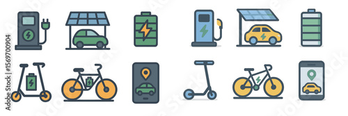 Electric transportation options available including electric cars, scooters, and bikes near charging stations and battery sources