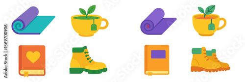 Brightly colored icons representing cozy time at home with tea, plants, books, and warm footwear for relaxation during fall season
