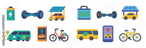 Energy solutions and transportation options illustrated through colorful icons and symbols