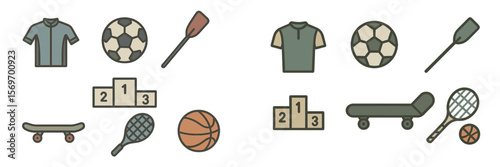 Sports equipment and playful items arranged creatively in a vibrant layout showcasing various athletic activities
