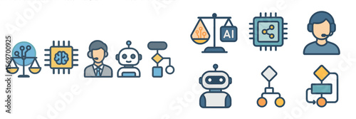 Explore the impact of artificial intelligence on various sectors through illustrative icons representing technology and ethics