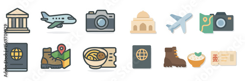 Travel icons representing adventure, exploration, and cultural experiences around the world