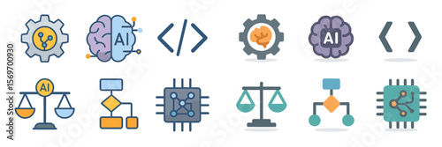 Various icons representing artificial intelligence concepts and technology