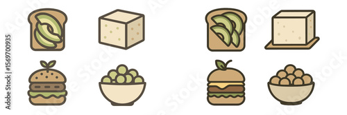 Collection of food icons featuring sandwiches, cheese, and burgers on a simple, neutral background