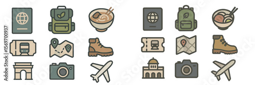 Travel icons collection featuring essential items for adventure and exploration