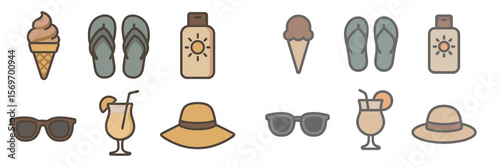 Summer essentials for a beach day including ice cream, flip flops, and refreshing drinks