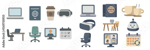 Graphics illustrating remote work and travel planning with digital elements and office supplies