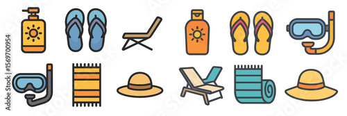 Summer vacation essentials for a day at the beach featuring sunblock, flip-flops, towels, and snorkeling gear