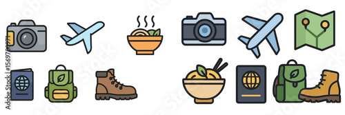 Travel essentials and activities represented through icons showcasing photography, food, exploring, and adventure gear
