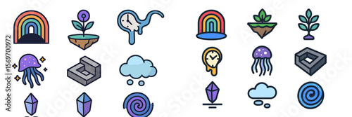 Colorful icons and symbols depicting nature and abstract concepts in a creative arrangement