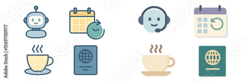Icons representing technology, scheduling, customer support, and travel in a harmonious arrangement for modern communication