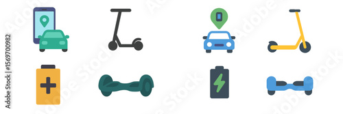 Icons representing various modes of transportation and charging options in a modern urban environment