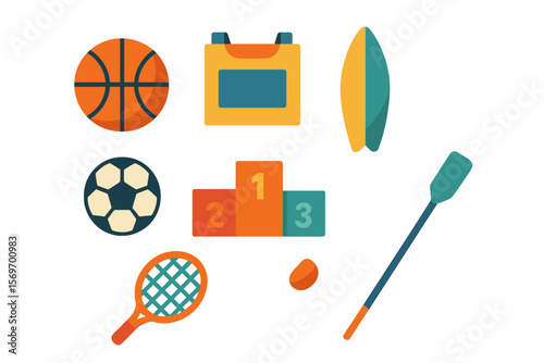 Sporting equipment arranged in a colorful layout with various sports items and medals on a white background