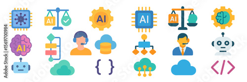 Illustration of artificial intelligence concepts with various icons representing technology and communication activities