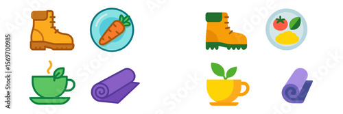 Combination of nature-inspired icons depicting outdoor activities, healthy eating, and relaxation filled with vibrant colors