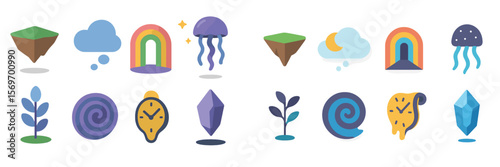 Colorful cartoon elements including plants, weather symbols, and whimsical objects displayed in a flat design style