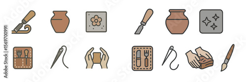 Creative pottery tools and materials displayed in a workshop setting with hands-on activities involved
