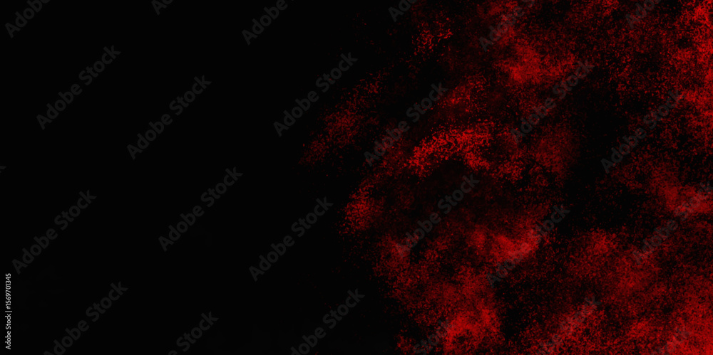 Obraz premium Red color powder explosion isolated on black background. Colorful dust explode. Paint Holi, dust particles splash. Network concept with spray. Futuristic technology element. 3D rendering.