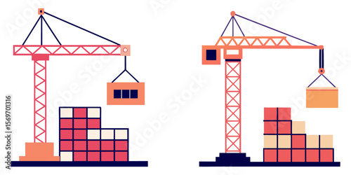 Line art illustration a construction crane lifts building blocks above a partial structure.