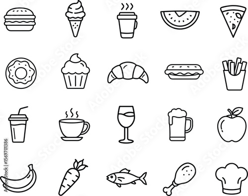 Food & Beverage Outline Minimalist Icon Set – 20 Thin Line Symbols