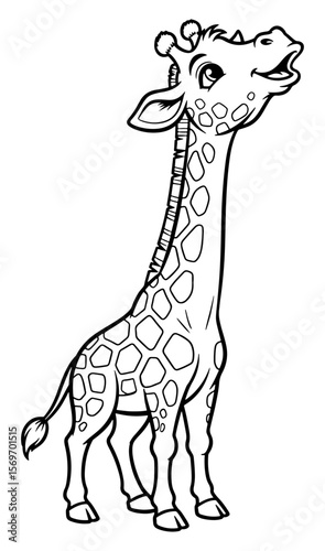 Cartoon Giraffe Standing with Head Tilted Up, Black and White Outline