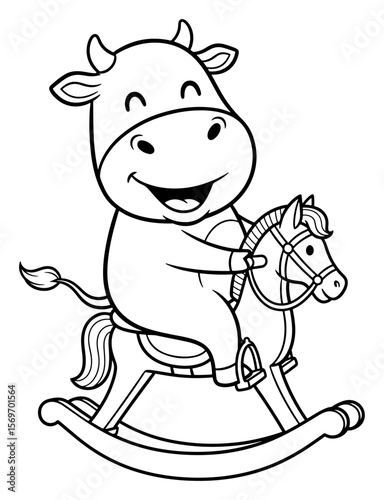Cartoon Illustration of a Happy Cow Riding a Rocking Horse in Black and White