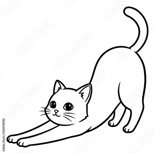 Cartoon Illustration of a Stretching Cat in Black and White