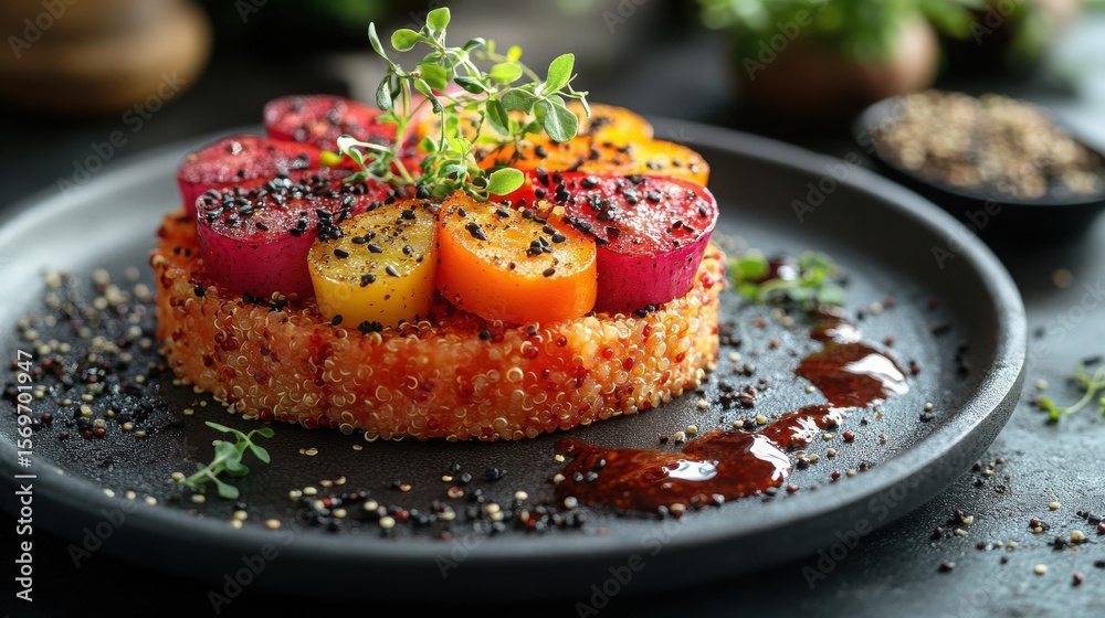Colorful quinoa cake with tomatoes and herbs on a plate Colorful quinoa cake with tomatoes and herbs on a plate
