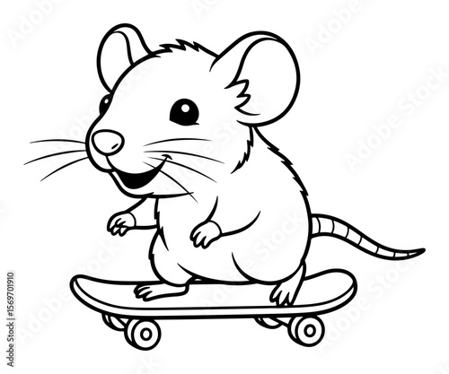 Cartoon Illustration of a Smiling Mouse Riding a Skateboard in Black and White