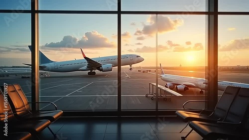 Modern Airport Waiting Lounge with Airplane Taking Off at Sunset View Through Window