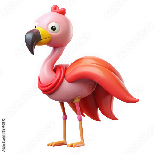 Adorable 3d cartoon flamingo with pink scarf and heart detail