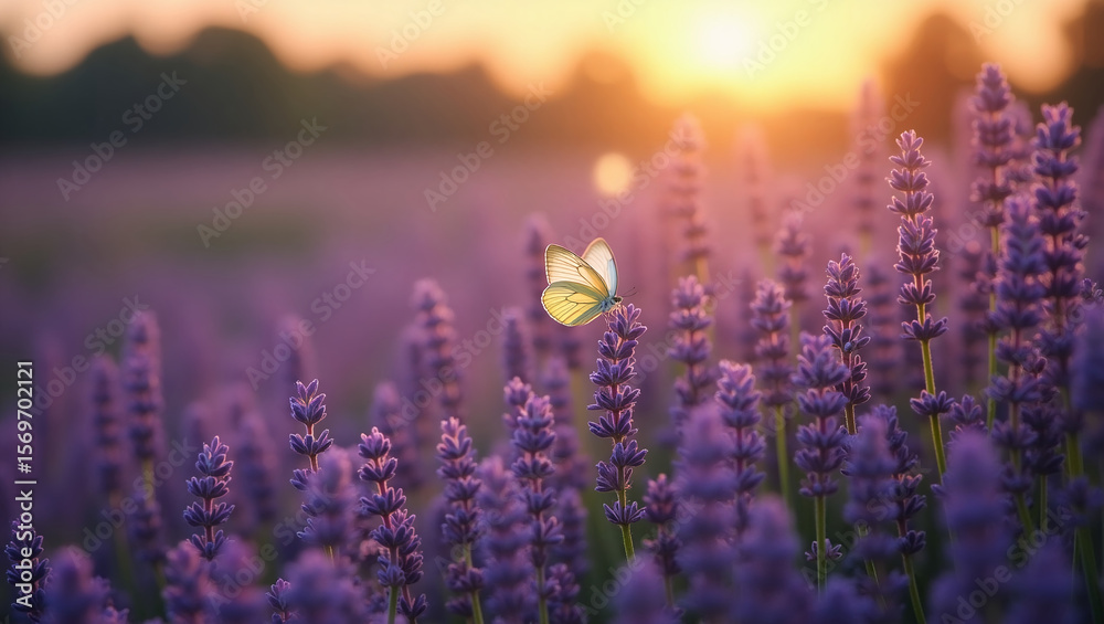 Naklejka premium Butterflies on blooming lavender in the soft evening light