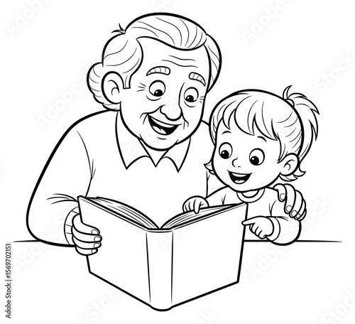 Cartoon Line Art Depicting a Grandfather Reading a Book to His Granddaughter